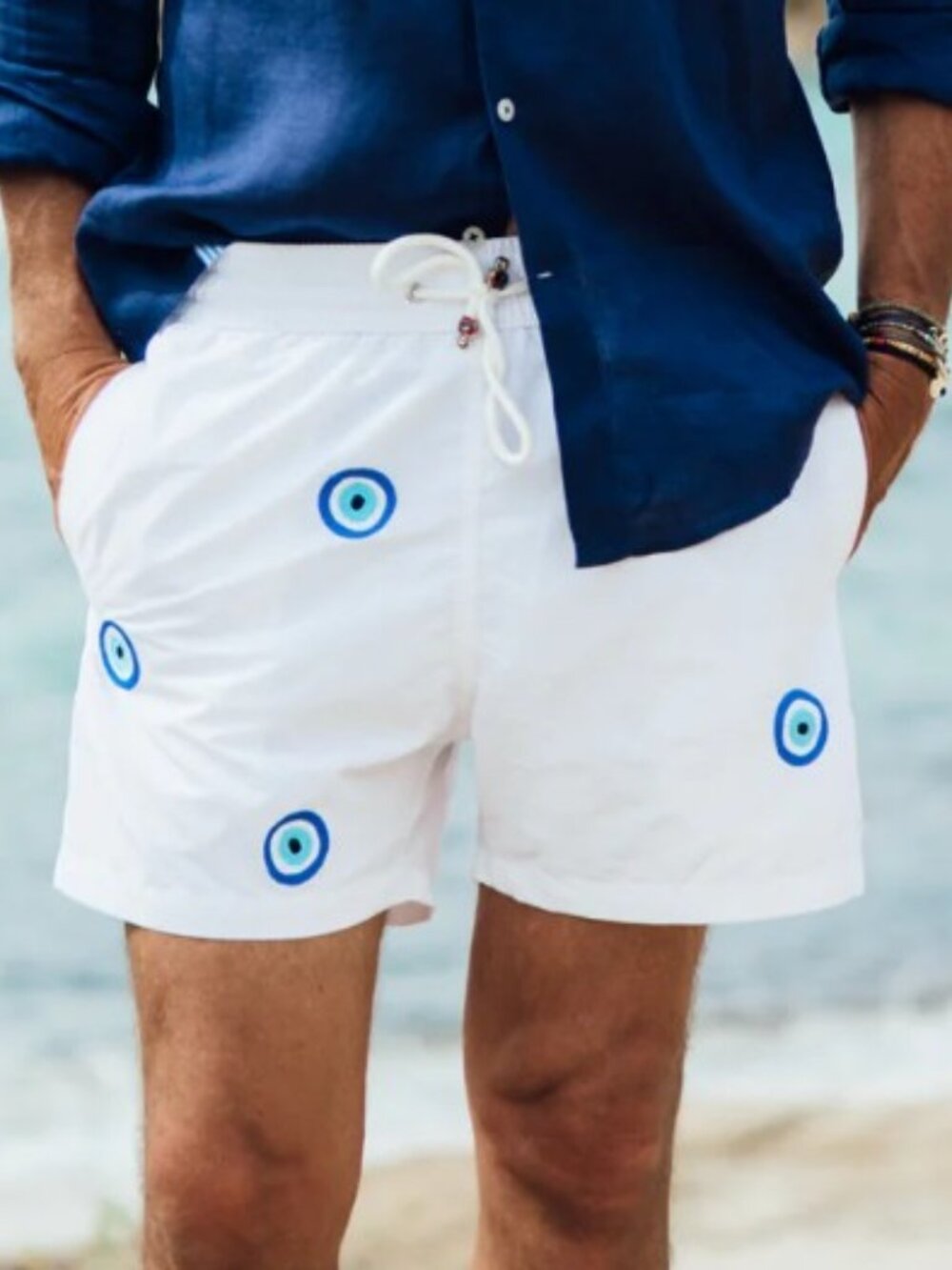 Les Canebiers Luxury St. Tropez Swimwear - White Trunks with Evil Eye AOP (US M)